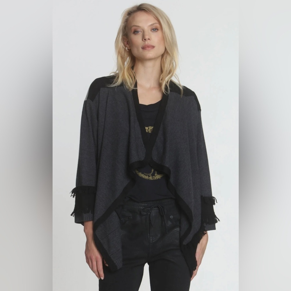 NWOT LABEL+ thread Jenna Fringe Cardigan Charcoal Extrafine Merino Wool,size M/L
